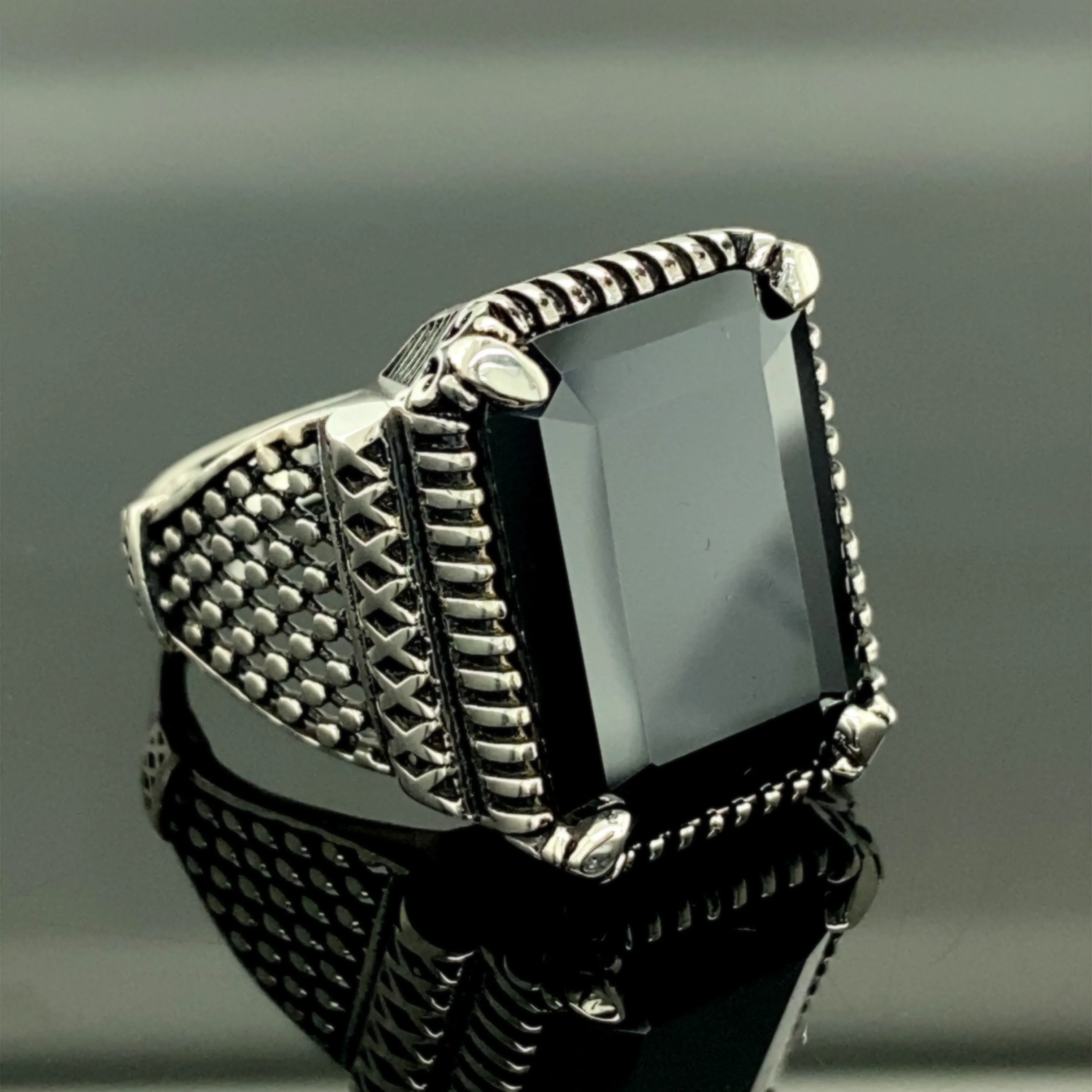 

Turkish Handmade Black Stone Ring, Zircon Stone Ring, 925k Sterling Silver, Square Stone Ring