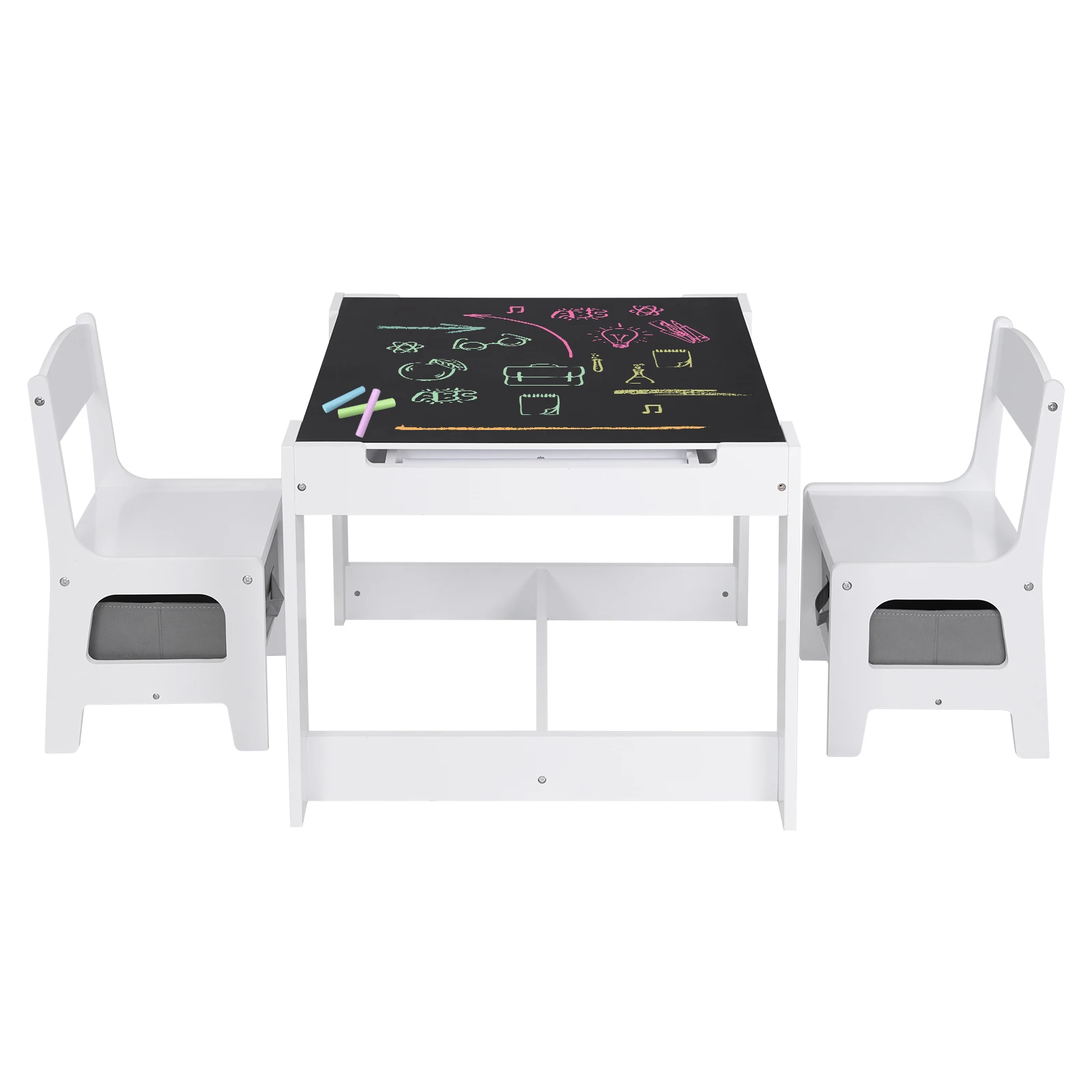 Kids Desk White Children Table 2Chairs Set with Storage Basket Reversible Tabletop Blackboard Paper Roll for Preschool Furniture