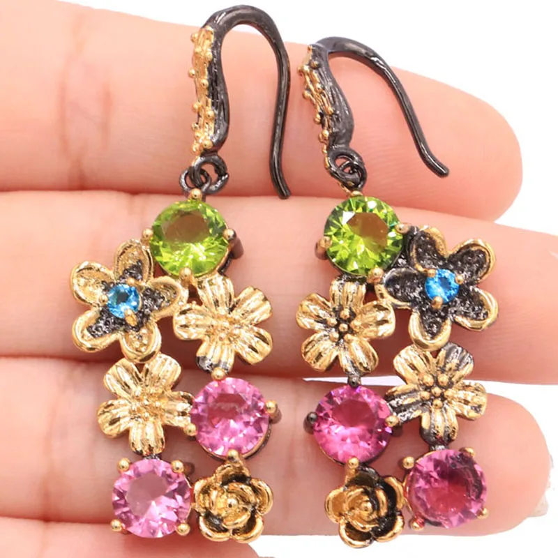 

49x20mm Neo-Goth Vintage Peridot Aquamarine Blood Ruby Violet Tanzanite Black Gold Color Silver Earrings