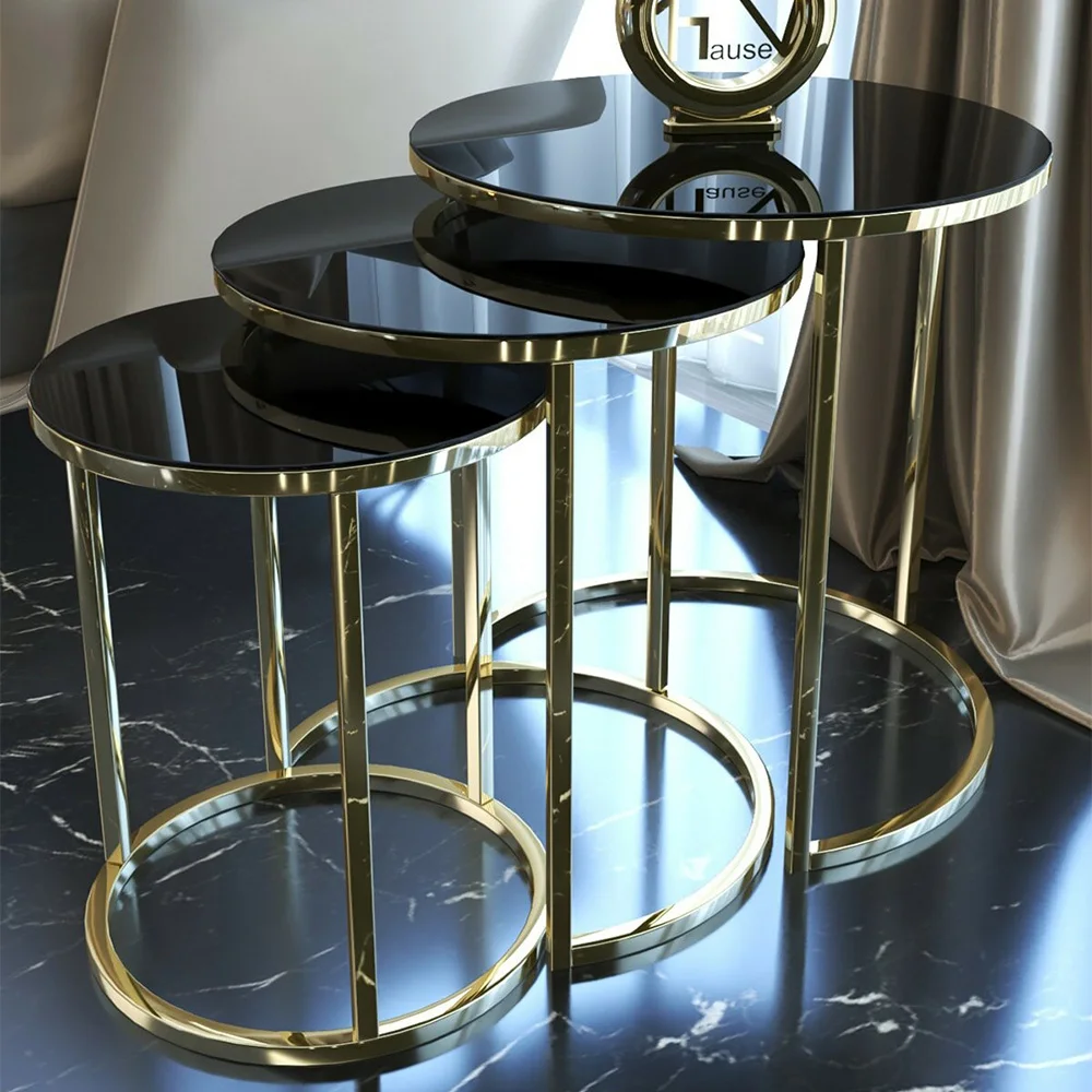 3 Pcs Gold Metal Nesting Table, Tea Coffee Service Table Round Living Room Nightstand, Nesting Table - Unbreakable Glass