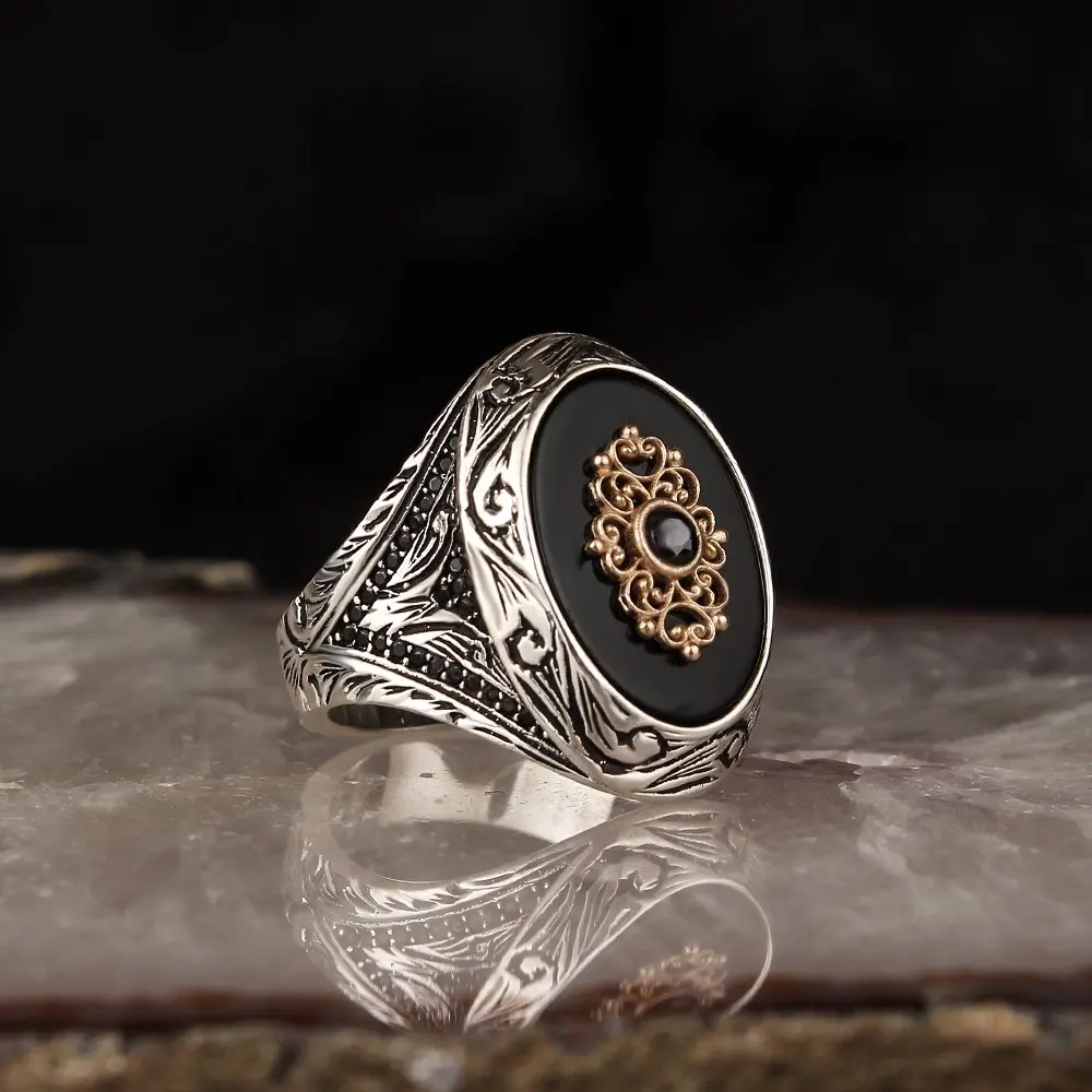 

Onyx Stone Pen İşçilikli 925 Sterling Silver Men 'S Ring