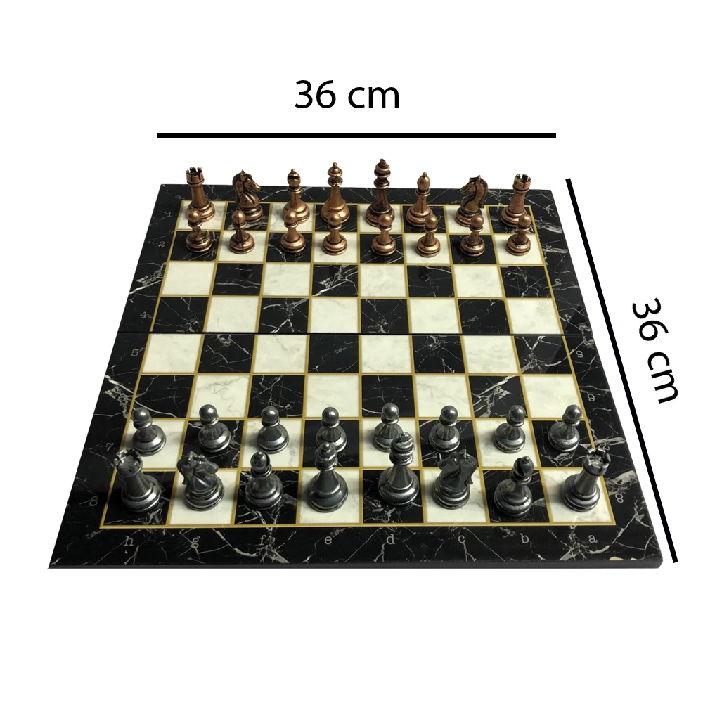 

Classical Metal Chess Set for Adult,Handmade Pieces and Marble Design Wood Chess Board King 36 cm