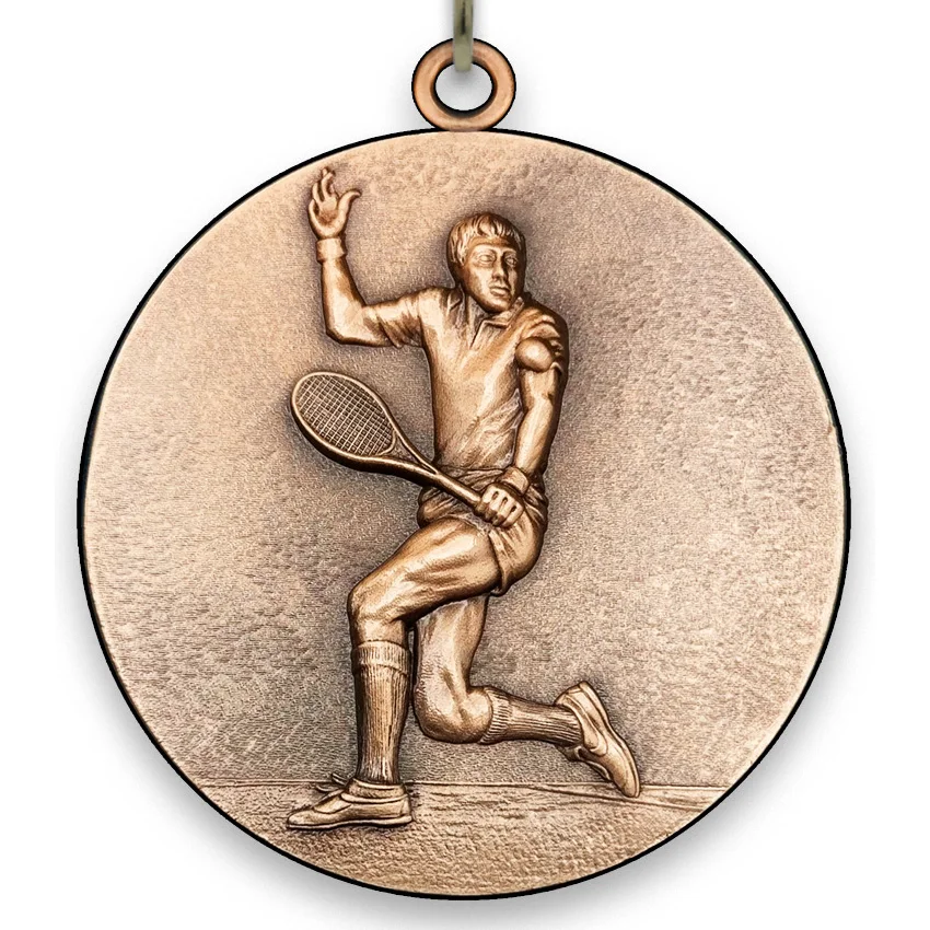 Large Metal Tennis Male Bronze Medal - 6,4 cm - with Neck Ribbon size 2,2cm x 80 cm - Choice of Ribbon Colours.