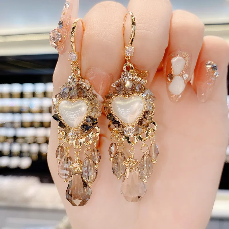 The New Trendy Love Pearl Crystal Fringe Personality Fashion High-Level Sense Of Thin Female Earrings