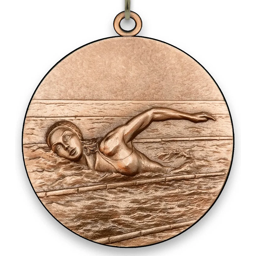 Large Metal - Swimmimg Medal - Female - Bronze - 6,4 cm - with belt size 2,2cm x 80 cm, Choice of Ribbon Colours.