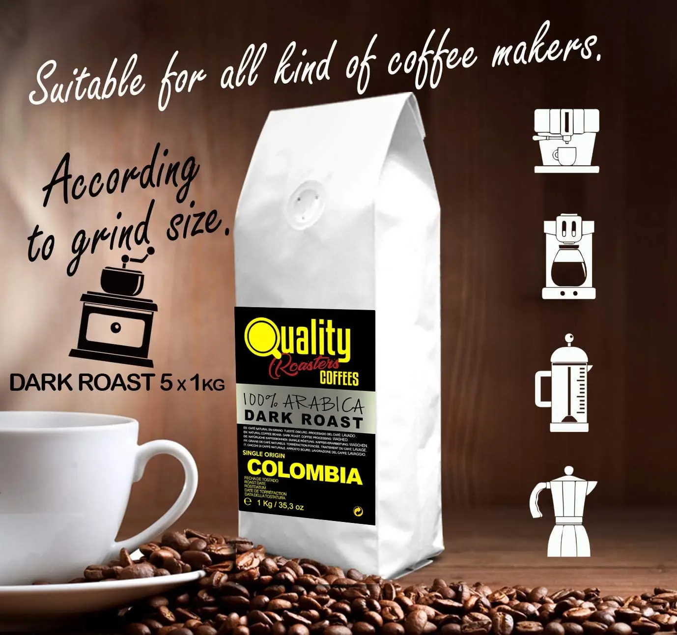 Café en grano natural. Tueste Oscuro. 100% Arabica. Origen Colombia. Pack 5KG