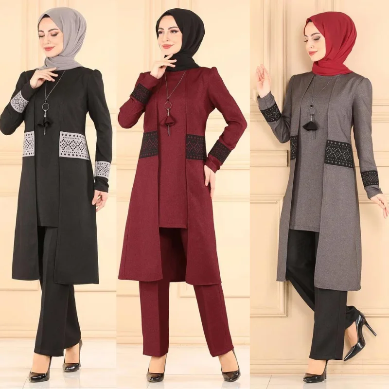 new season three piece sets and pants laser cut muslim women turkey long muslim dress split Abaya ramadan Kaftan islamic clothin