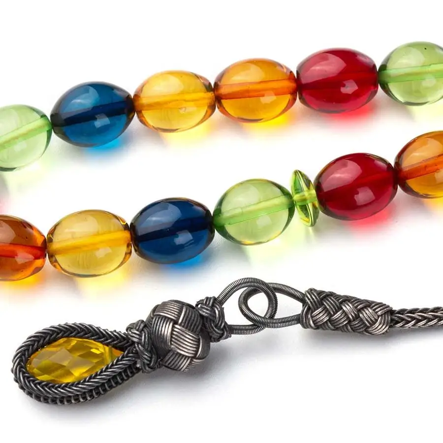 Silver Multi Colored Amber Gemstone Prayer Rosary Men Oval Cut Rosary With Silver Tassel Turkish Drop Model Tassel 925k Silver