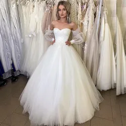 Strapless Wedding Dress Long Puff Sleeves Lace Appliques Ball Gown For Women Floor Length Soft Tulle Lace Up Simple