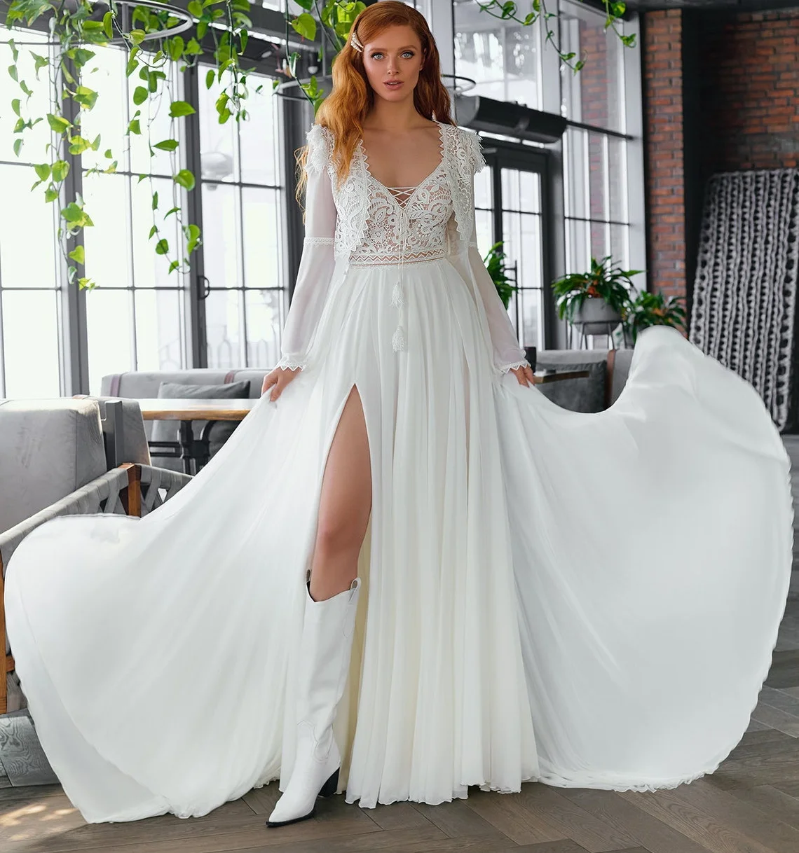 Vestido de novia de gasa sin mangas, prenda Bohemia con tirantes finos 2 en 1, con abertura alta, escote en V, de encaje, para boda, personalizado, n. ° 11814