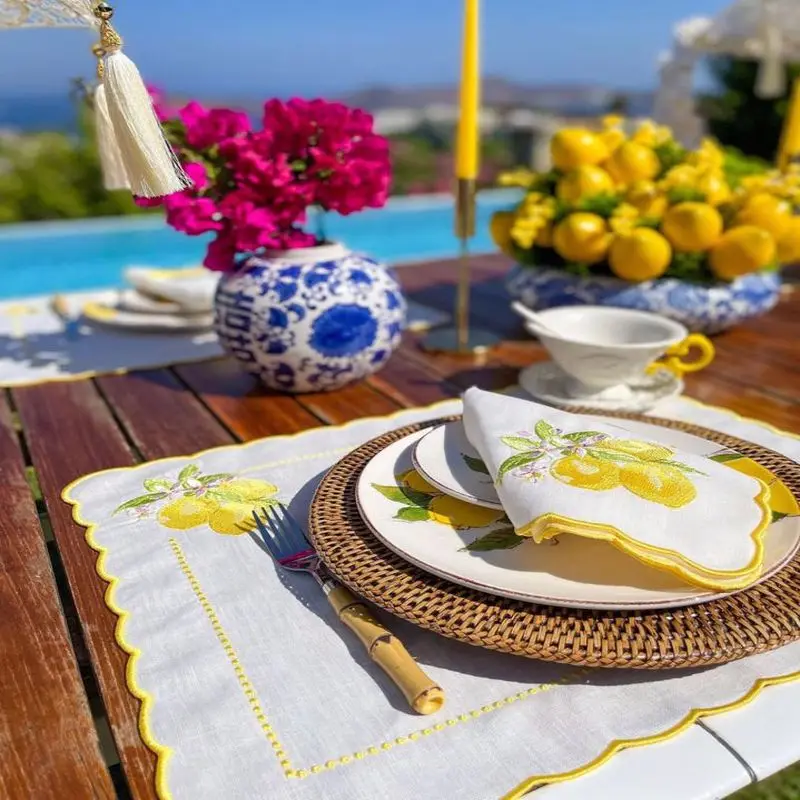 Luxury Lemon Embroidered Linen Placemats 8 People Set wedding decoration dining tables table cover kitchen decor coffee table