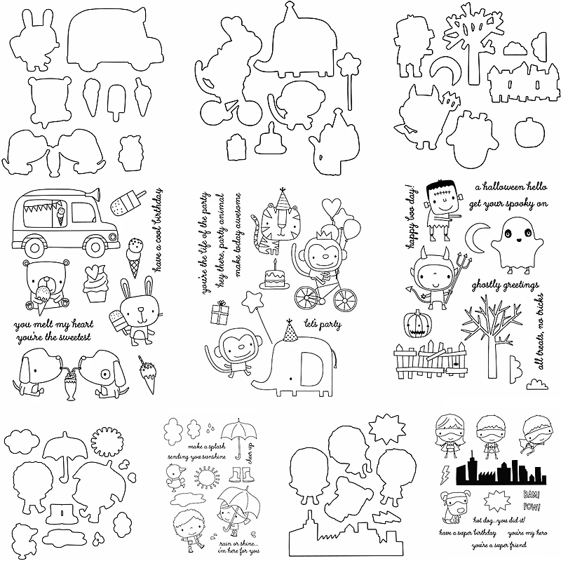 

Metal Cutting Dies Match Clear Silicone Stamps Cute Cartoon Animals Monkey Elephant Bunny Puppy Halloween Monster Cards