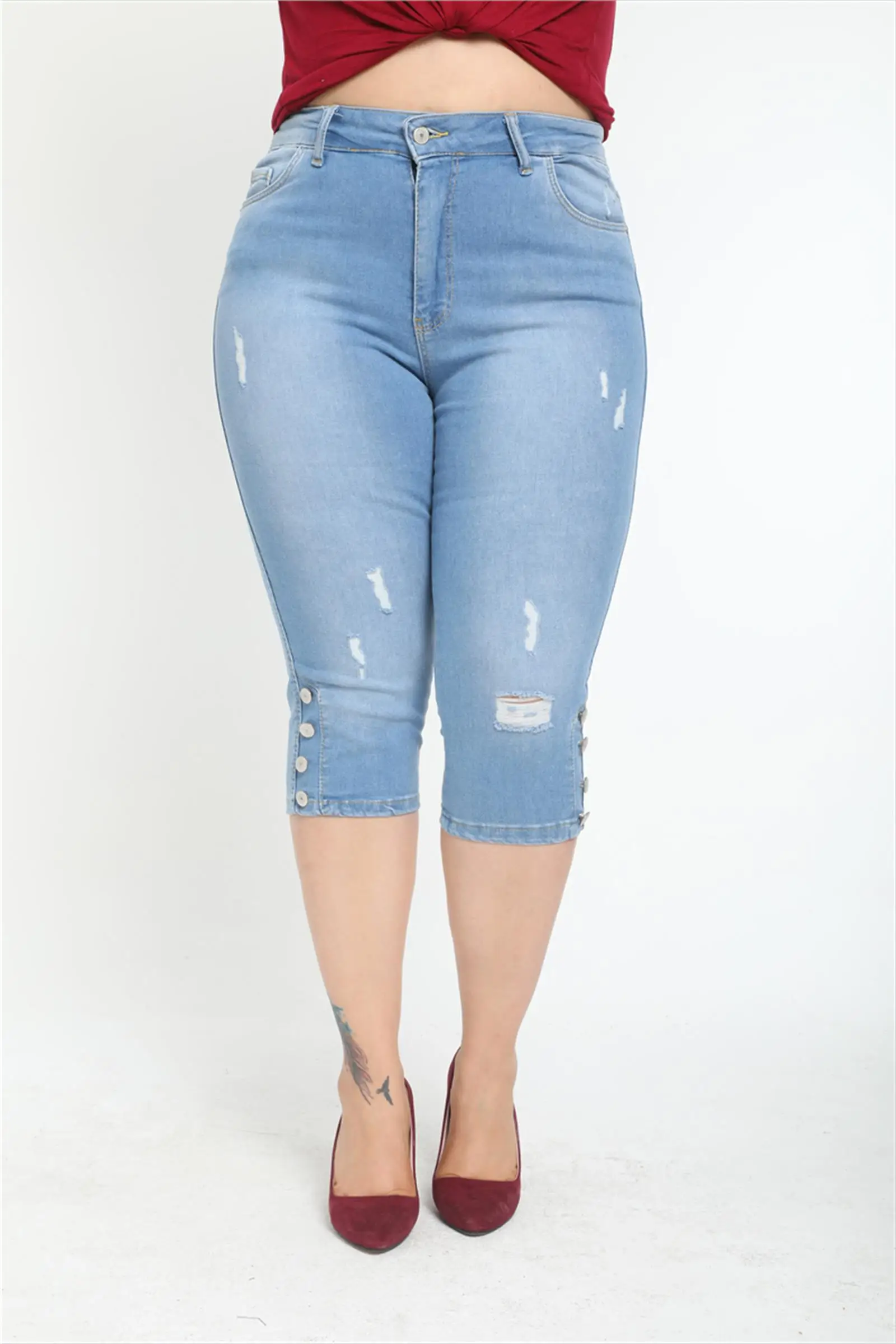 Diaves Plus Size Woman Summer Fashion High Waist Skinny Ripped Capris Button Detailed Denim Jeans Turkish Quality