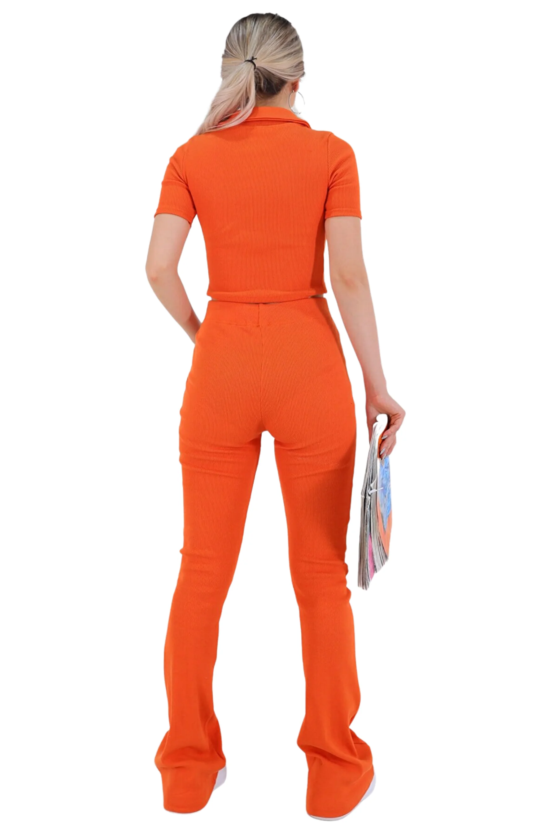 New Season High Quality Product Glamorous Stylish Women's Orange Polo V-Neck Crop Blouse Spanish Pants Camisole Double Suit