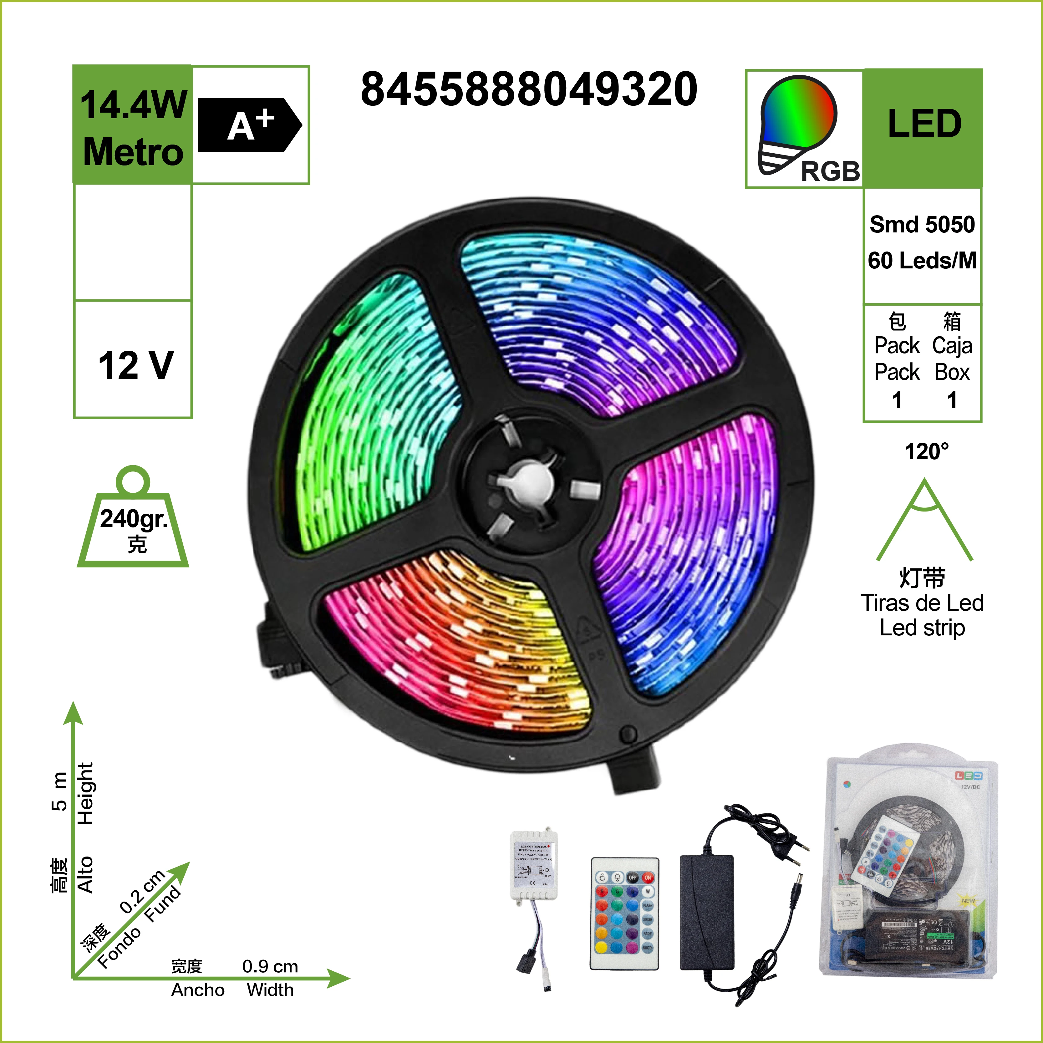 LE strip LED, RGB lights, 12V 5m 60 LED SMD 5050, 72W 648 Lm not waterproof