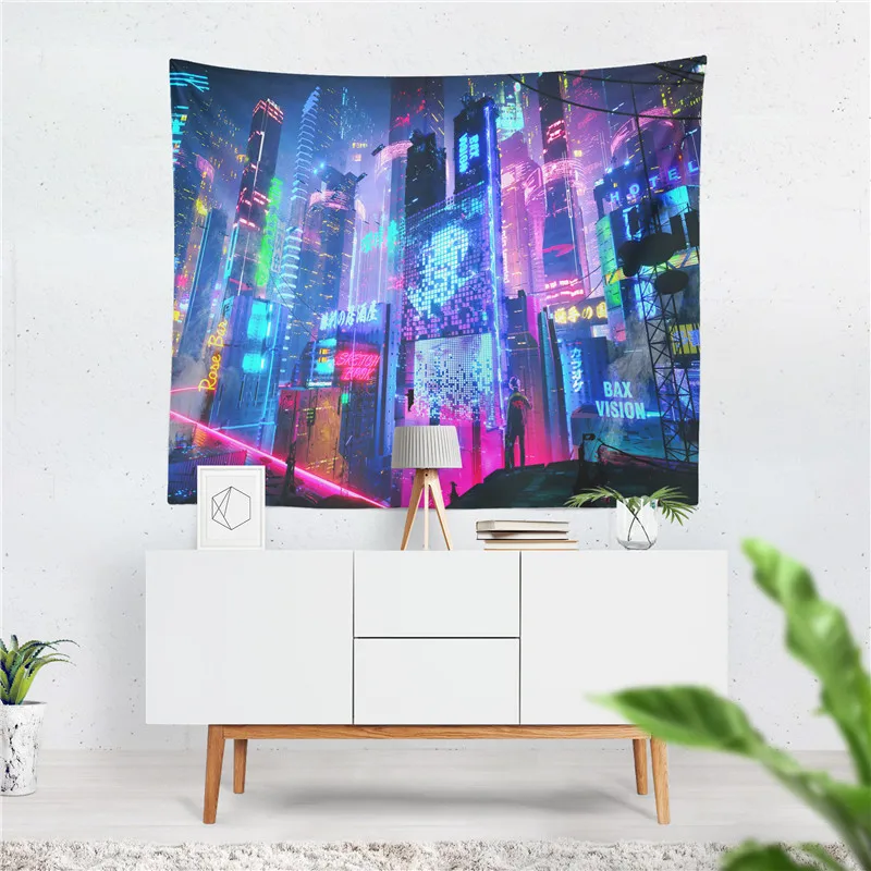 Aertemisi Cyberpunk Neon City Futuristic Aesthetic Tokyo Japan Japanese Anime Tapestry Wall Hanging Art for Bedroom Living Room