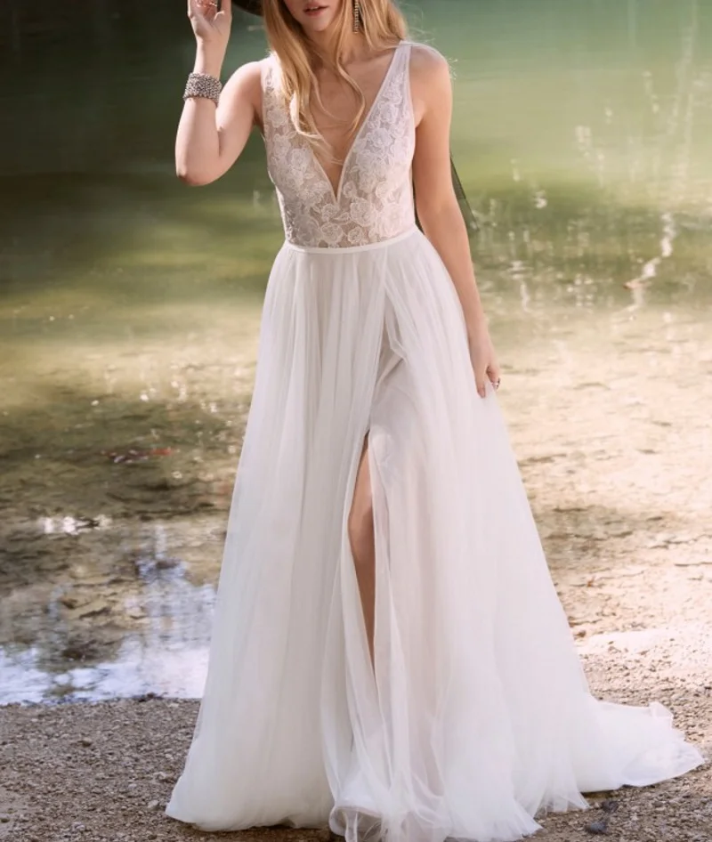 11962 # Áo Vòng Cổ Chữ V Boho Lưới Chữ A Phối Ren Táo Hở Lưng Chia Đầm Vestido De NoivaWedding Đầm Cưới Cô Dâu váy Bầu