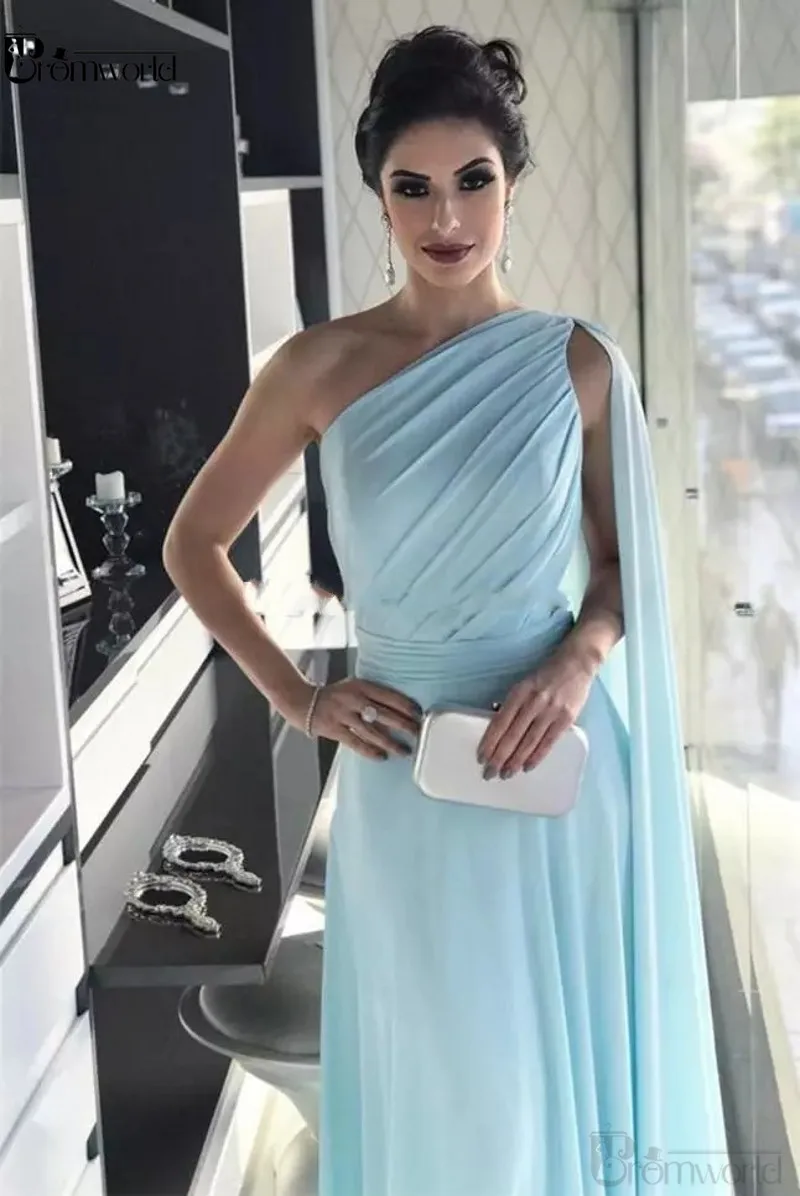 Een Schouder Light Sky Blue Avondjurken Geplooid Chiffon Floor Lengte Saudi Arabische Prom Dresses Elegante Vrouwen Formele Gowns