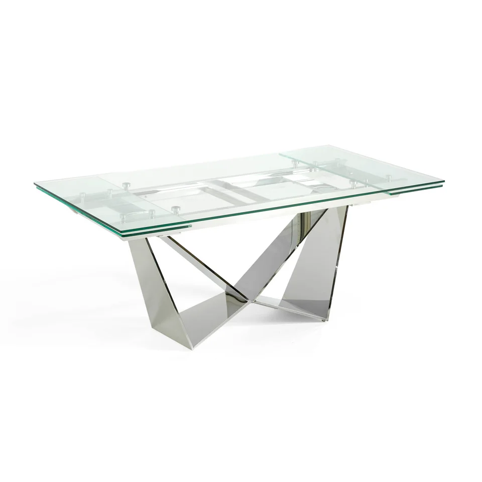 1027 Angel Cerdá dining table-rectangular extendable dining table with tempered glass lid and chrome stainless steel legs.