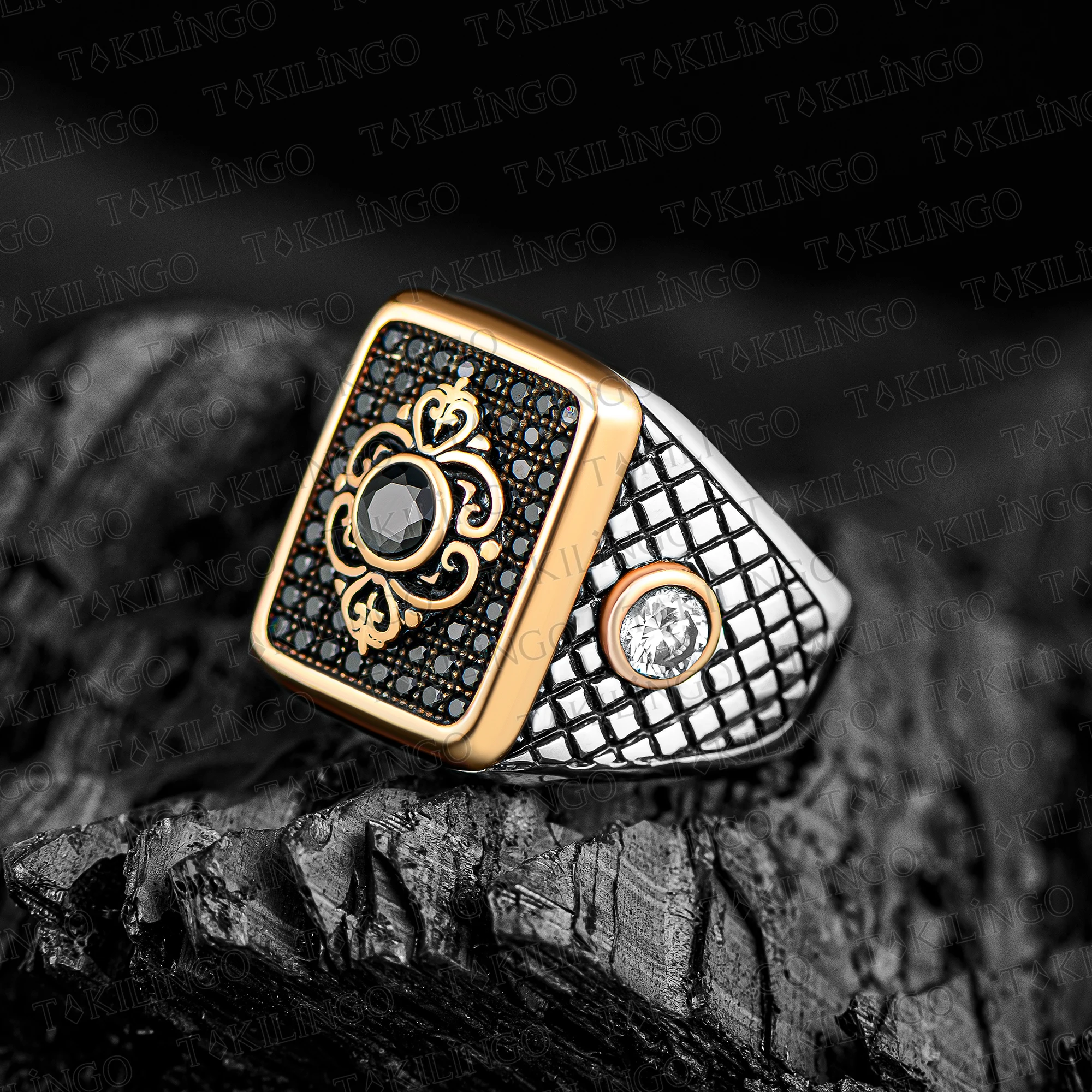 925 Sterling Silver Rectangle Design Over Black Mini Zircon StonesOnThe Sides White Mini Zircon Stone Craftsman Biker Men's Ring