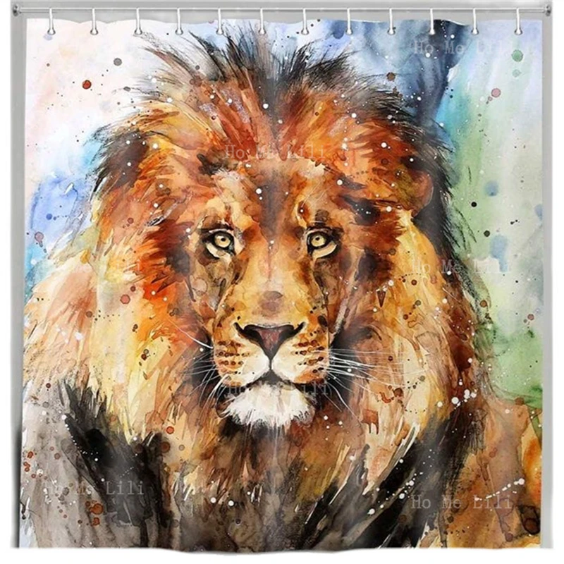 Watercolor Lion Shower Curtain King Of The Jungle Wild Animals Retro Hand Painted Splash Style Bathroom Decoration