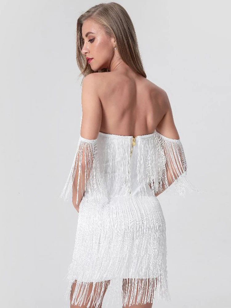 white tassel bodycon dress White Strappy Lace Tassel Detail Bodycon Dress