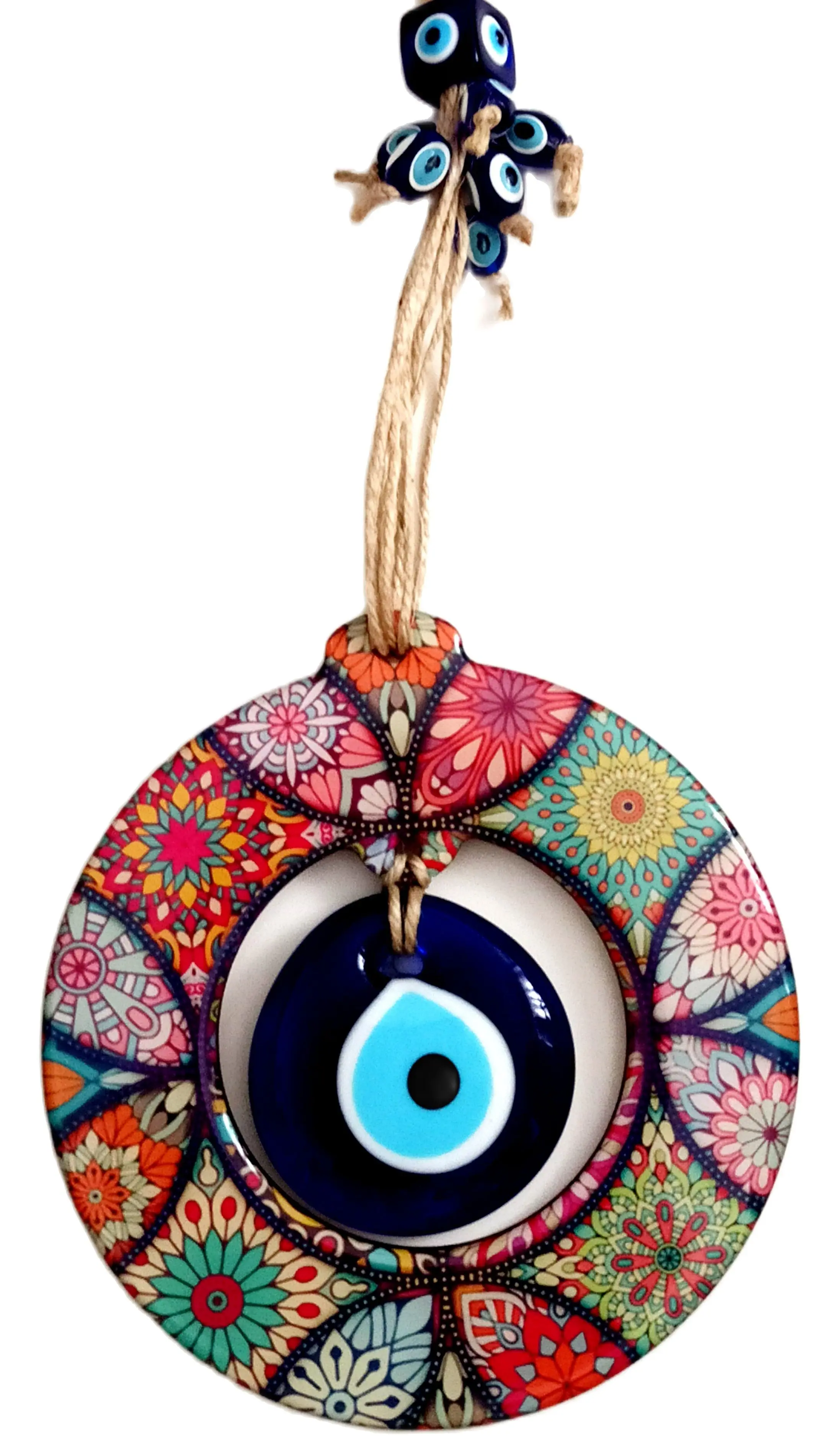 Wooden Mandala Patterned, Glass Evil Eye Beaded Door, Wall and Garden Ornament Evil Eye