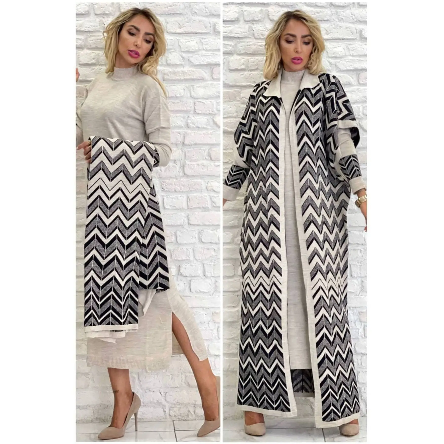 2 Piece Women\'s Set Wave Pattern Knitwear Maxi Turtleneck Sleeve Detailed Dress and Turn down Collar Maxi Cardigan Suit Turkey