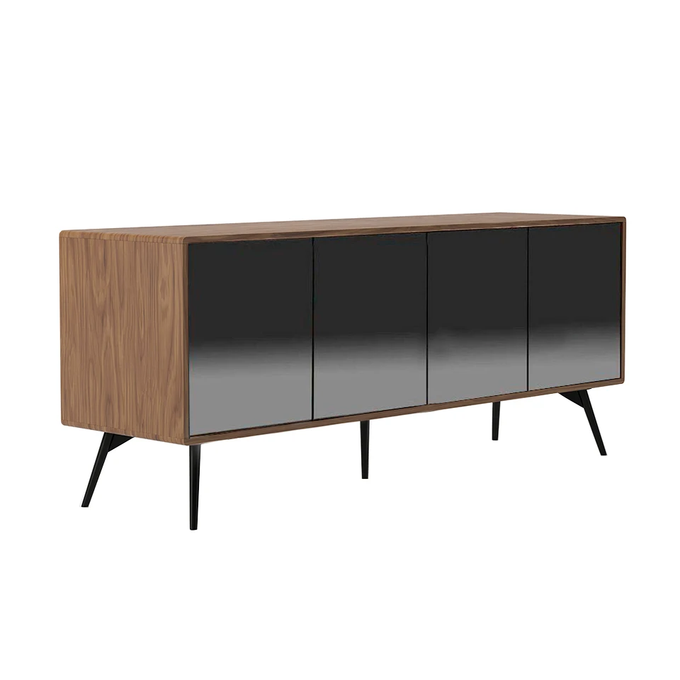 3061 sideboard Angel Cerdá-hickory-plated wood frame sideboard with four doors in mirror-effect black tinted glass and walnut veneer interior shelves. Color epoxy painted steel legs