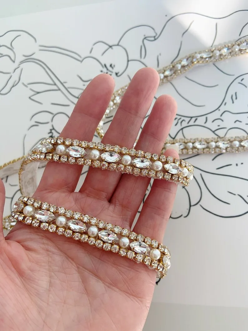 1 Yard Heavy Bead Rhinestone Belt, Deluxe Crystal Pearl Bead Trim by the yard for Dress Strips