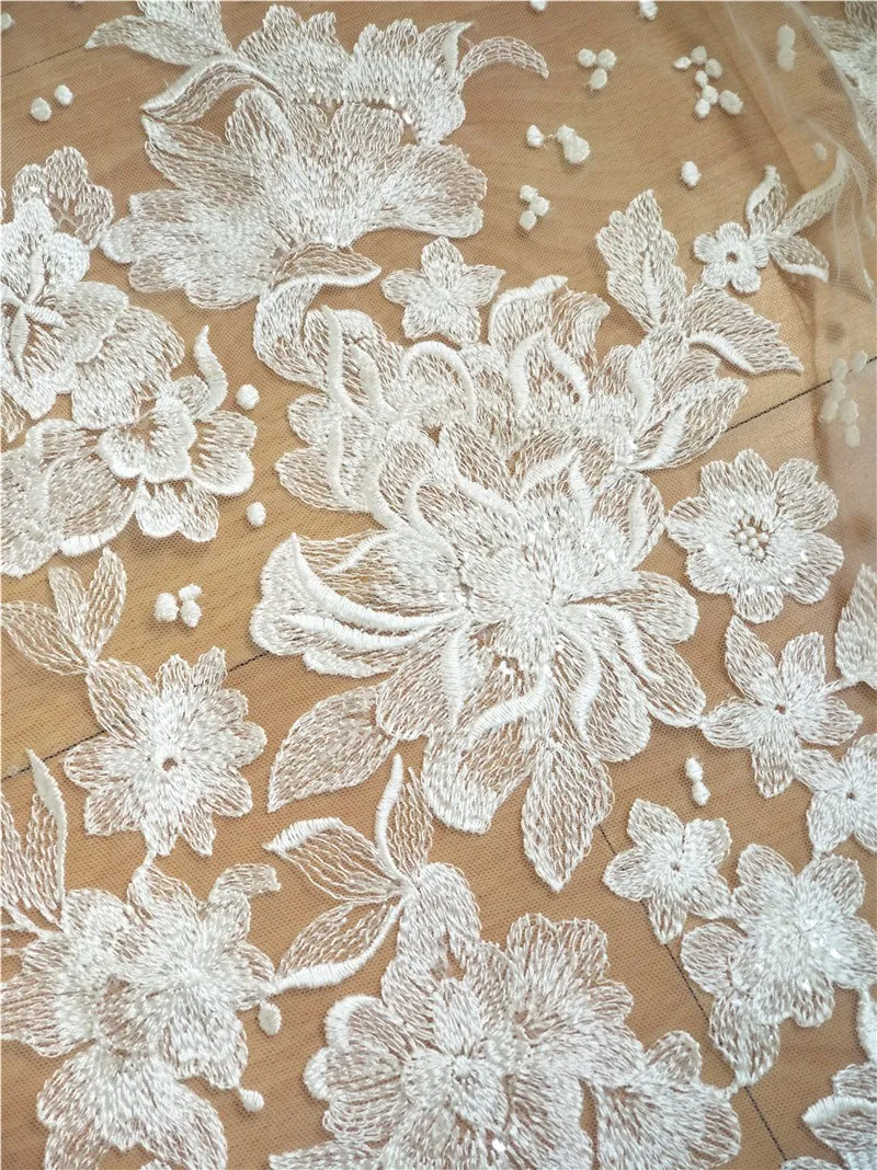 Off White Floral Embroidery Tulle Lace Fabric , Clear Sequin Dot Fabric for Wedding Bridals Veil Lace Gown 140cm Wide