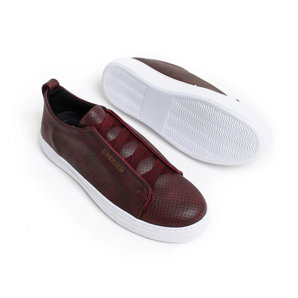 Chekich Women Shoes Claret Red Artificial Leather Elastic Band Fall Season New Fashion Casual Breathable Odorless Sneakers Comfortable White Outsole Office Fashion Wedding Daily Walking Shoes Lightweight CH011 Women