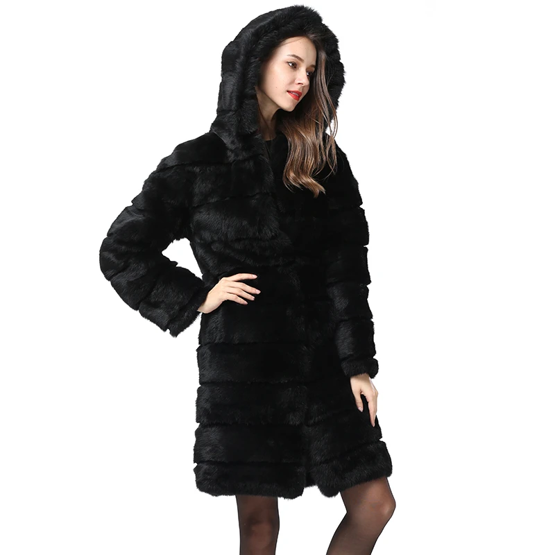 Fancy Rani Real Rabbit Fur Coat With Hood Sale New Long Style Winter Women's Natural Leather Luxury Black Thick Warm Whole Skin