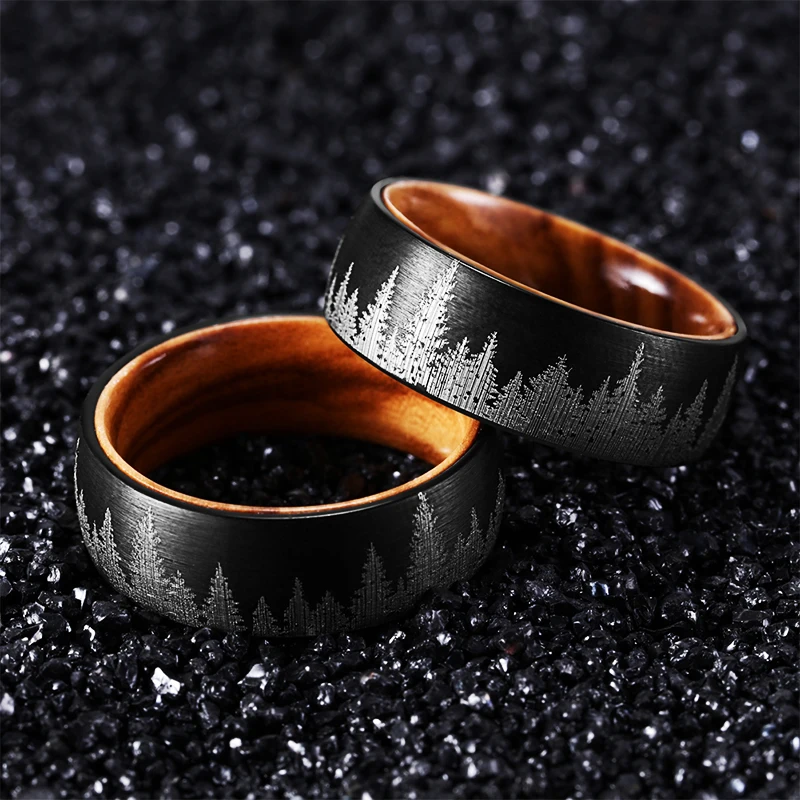 Rings For Men  Popular Models Tungsten Steel Ring 8mm Laser Forest Pattern With Solid Wood Inner Black Steel 2 Color