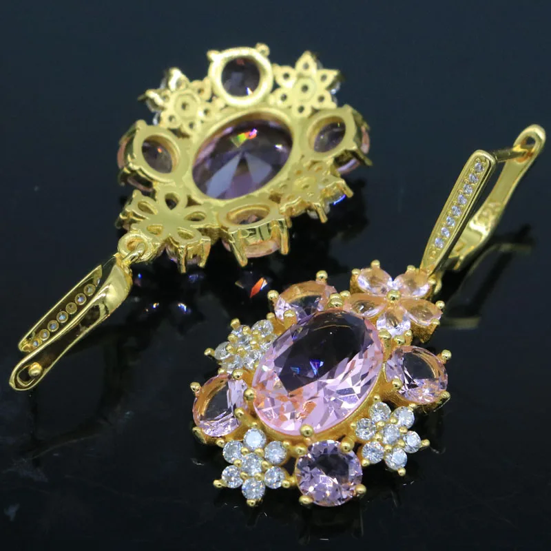 

46x23mm Delicate Fine Cut 12g Pink Kunzite White CZ Bride Wedding Gold Silver Earrings Eye Catching