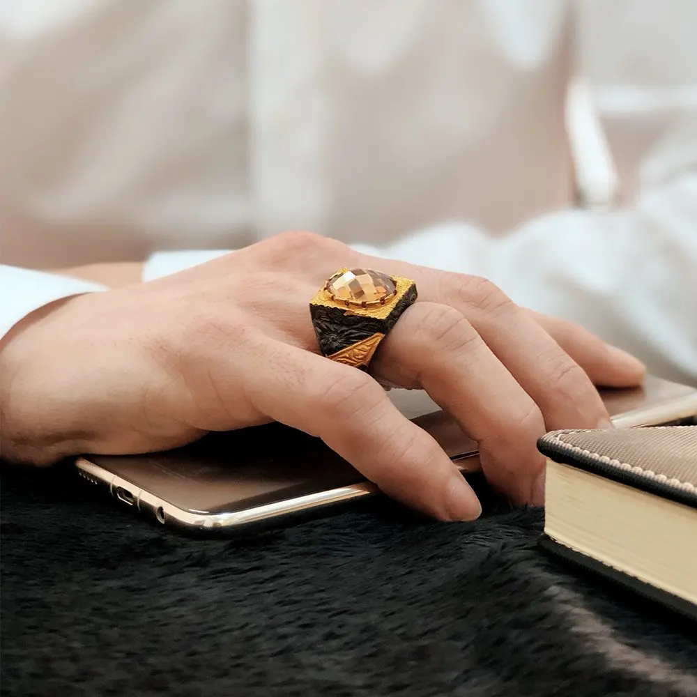 citrine stone 925 Sterling Silver  Engraved Traditional Handmade Turkish Signet Ring Jewelry Women Men orjinal silver