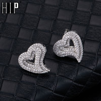 Hip Micro 1Pair Heart Shape Pave Baguette Cubic Zircon Stone Ice out Stud CZ Earring Bling Copper Earrings For Women Men Jewelry