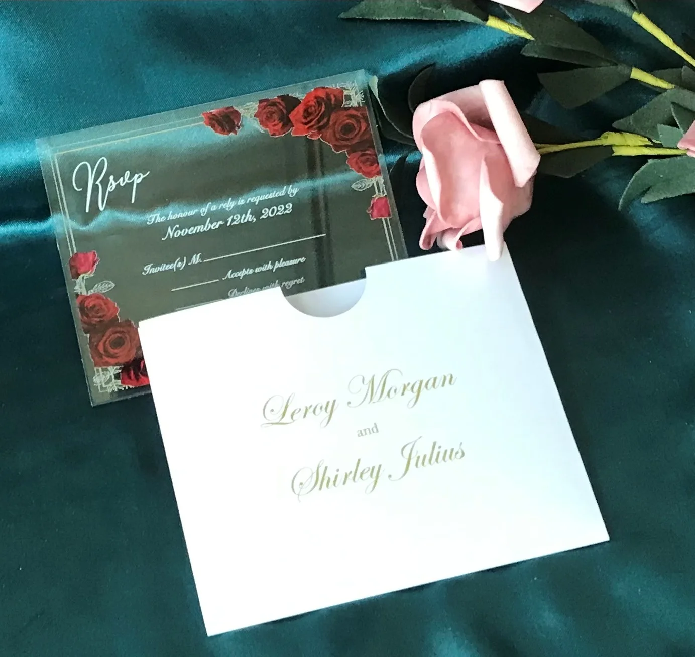 

Custom Red Rose Acrylic Wedding Invitation, Thank You Card, Small Pocket Envelopes,Acrylic Wedding Invitation, DIY, 10Pcs