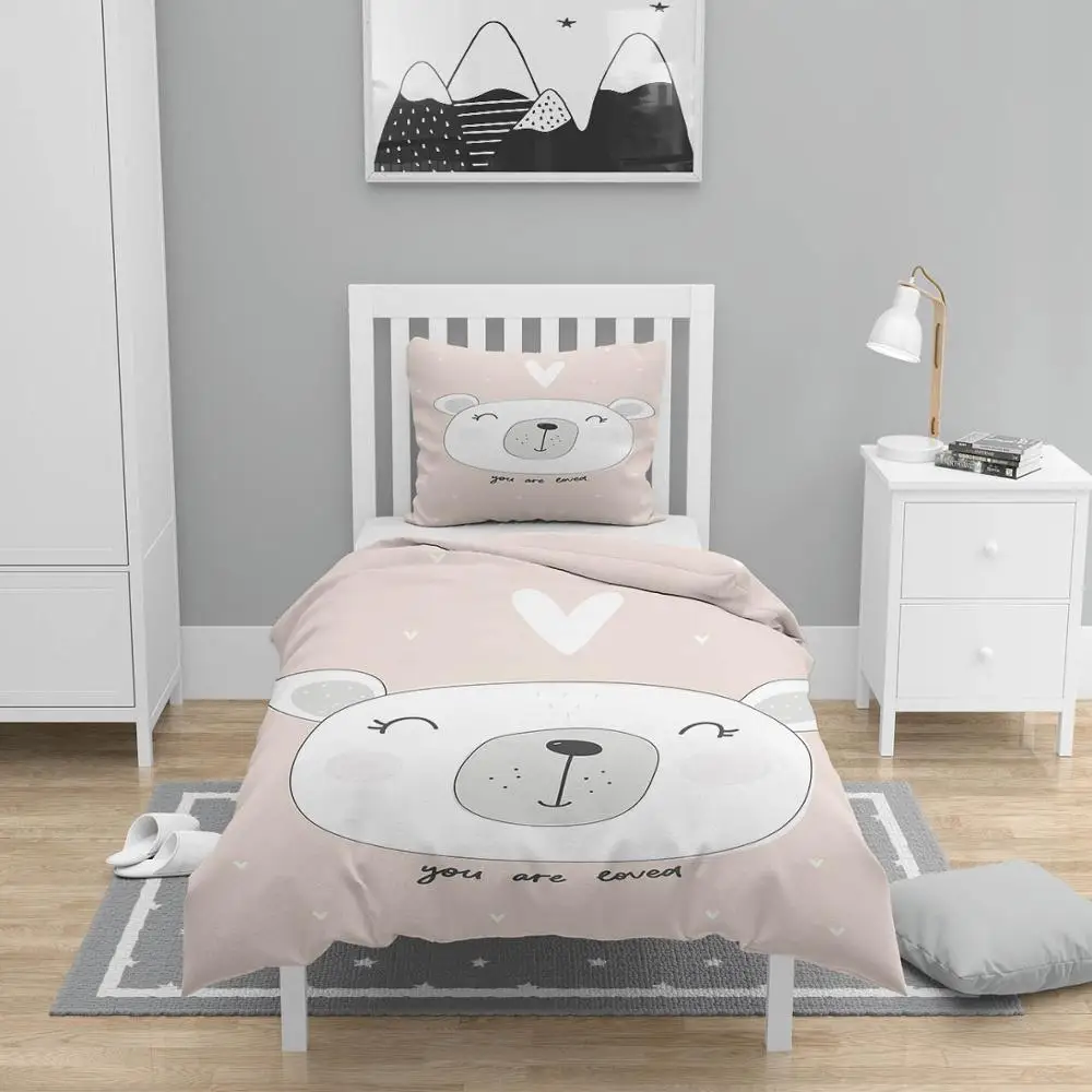 

Else 4 Pcs Pink White Cute Bear Heart 3D Print Cotton Satin Chidren Kids Duvet Cover Bedding Set Pillow Case Bed Sheet