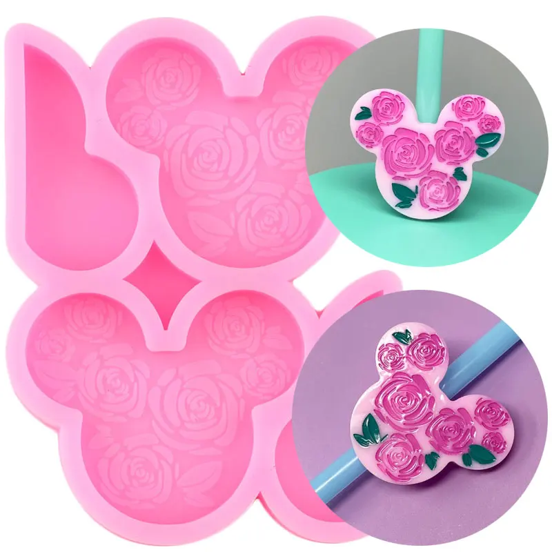 3D Mouse Head Fower Straw Topper Silicone Mold Heart Shape Chocolate Candy Jelly Fondant Molds DIY Party Cake Decorating Tools