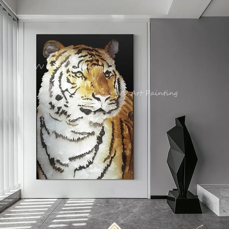 Palette Knife Realistic Tiger Oil Painting, Handmade Impasto Thick Texture Art, Black Background Tiger Vertical Wall Decor