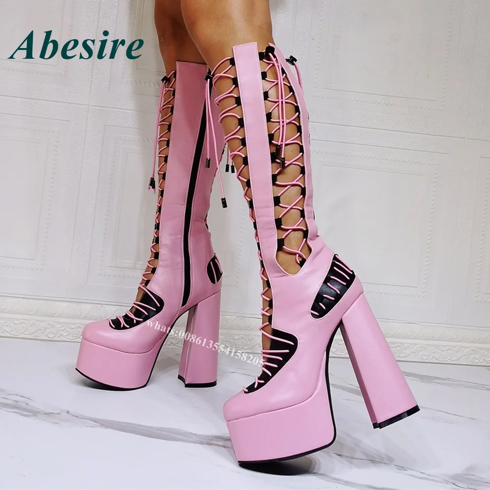 

Pink Platform Chunky Heel Sandals 2025 New Round Toe Cut Out Zip Women Sandal Boots Knee High Leather Party Night Club Shoes