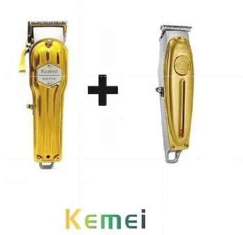 Máquina Cortar Cabelo Recarregável Profissional Kemei Km 1976 + Maq Acabamento Kemei km 1949 Golden