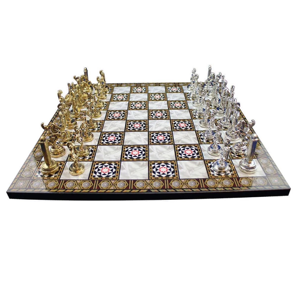 

Metal Chess Set Set Medium, Greek Figured, Glossy Chess Piece and MDF, Mother of Pearl Patterned Chessboard SIZE 37x37x1,2 cm