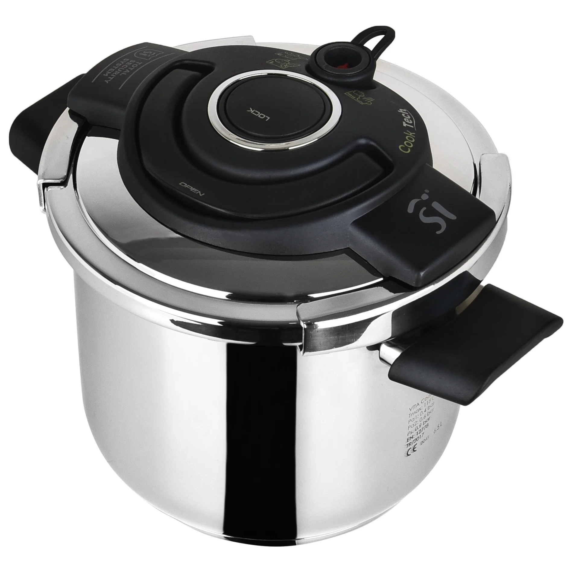 22cm pressure cooker with capacity of 6,5 litres made of 18/10 stainless steel with aluminum encapsulated bottom