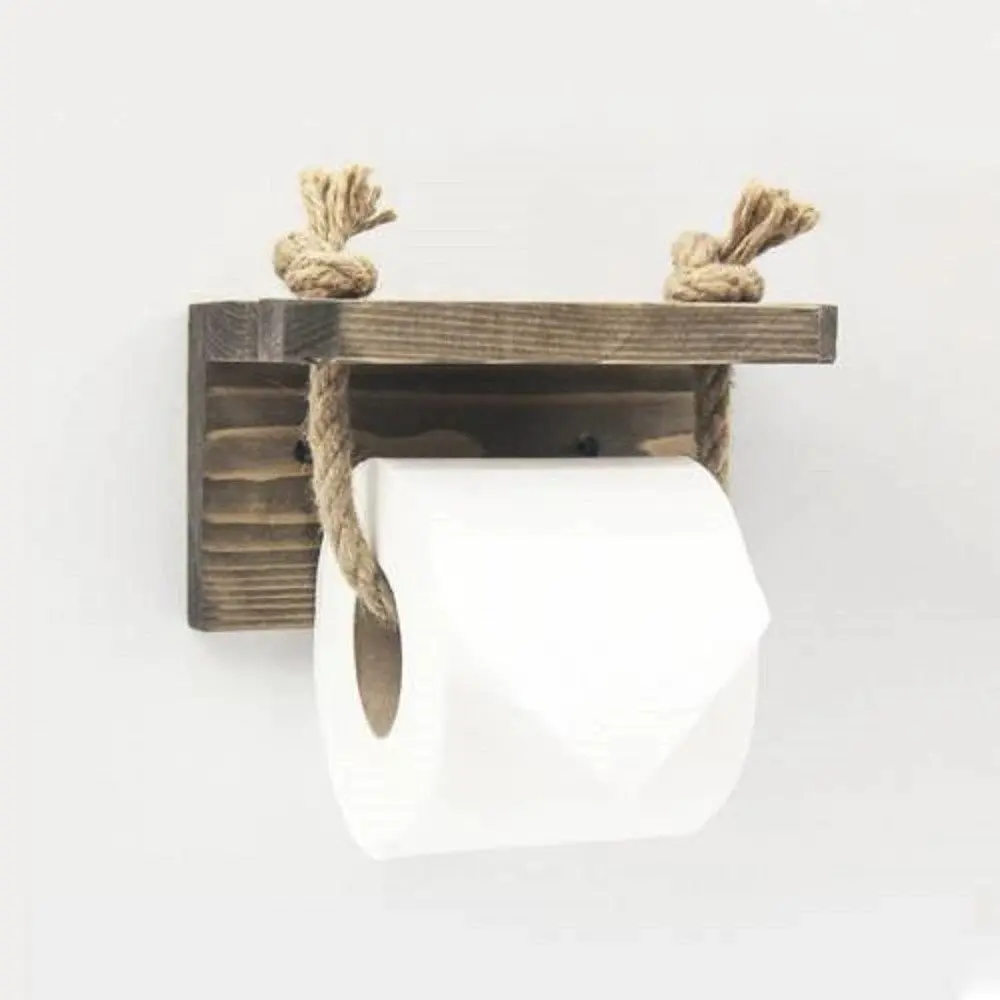 Vintage Antique Towel Hanging Rope Wooden Toilet Paper Holder Bathroom Decoration Supplies with Phone Shelf Tisue Roll