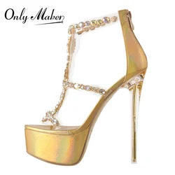 Onlymaker Platform Sandals Transparent Metal Thin High Heel  Women Summer Crystal Metal Bordered Strap PVC Heels