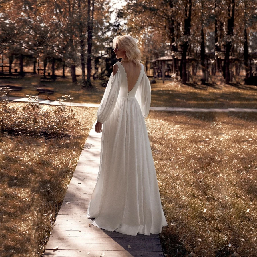 Vestidos De novia De manga larga con hombros descubiertos, cuello en V, gasa, playa, playa, longitud hasta el suelo, vestidos De novia De princesa