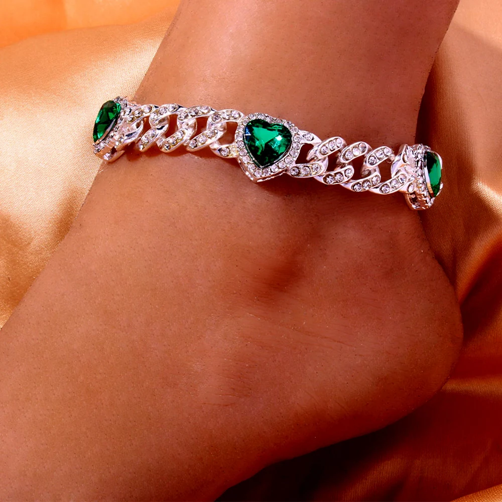 Rhinestone Ankle Green Love Anklets Wholesale for Women Men Bracelet Hip Hop Heart Cuban Link Super Thick Bling Anklet Jewelry