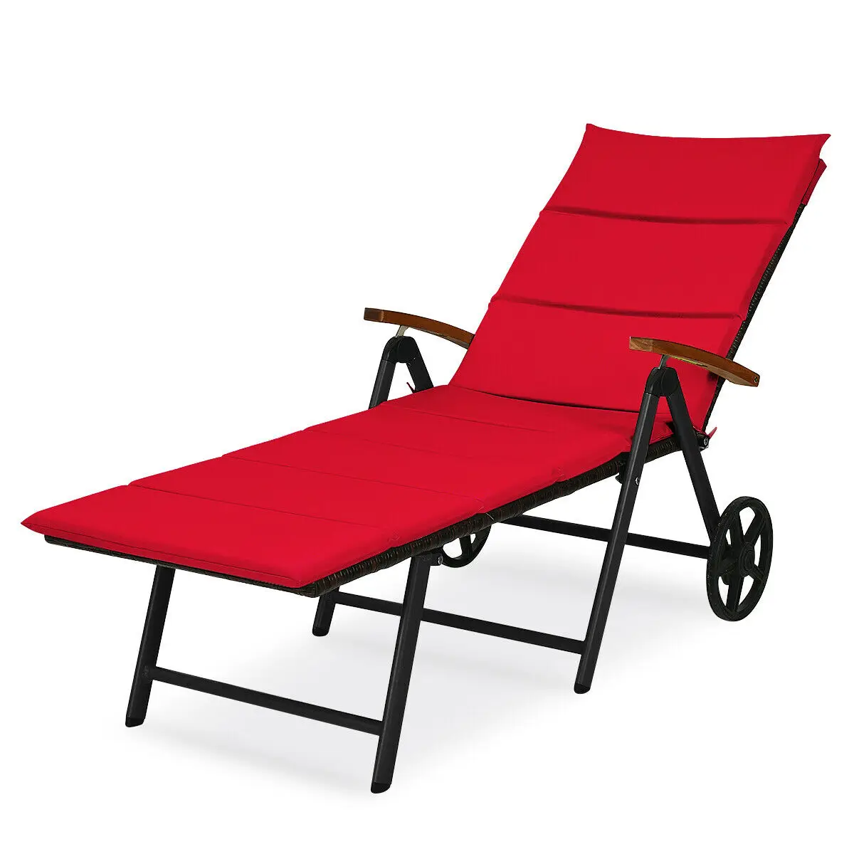 Patiojoy Folding Patio Rattan Lounge Chair Cushioned Aluminum w/ Wheel Red